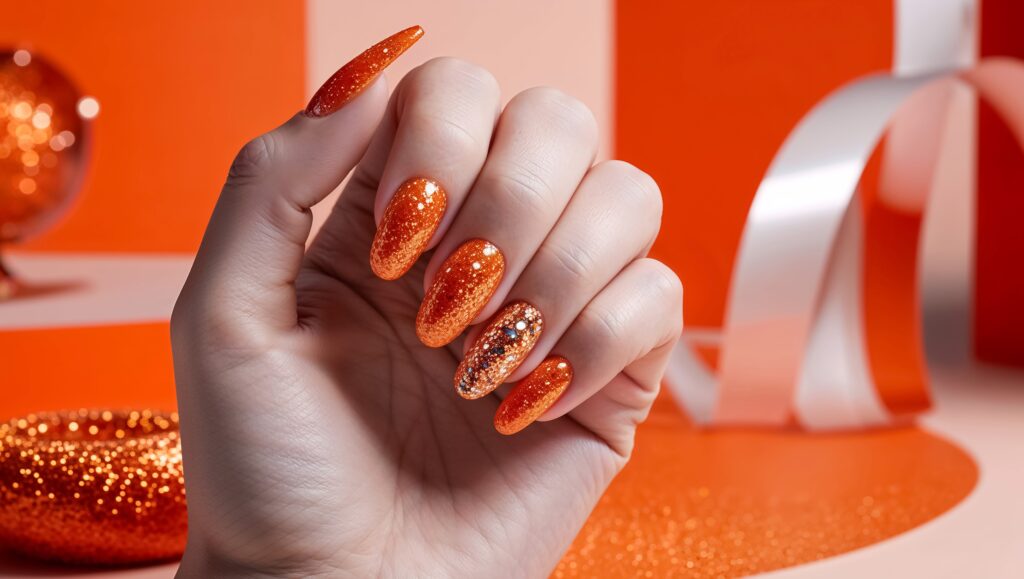 close up female hand fashionable orange manicure beautiful background