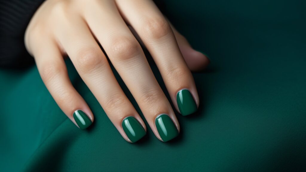Home 2 glamour woman hand with green color nail polish fingernails green nail manicure with gel polish min