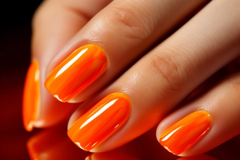 someone is holding bright orange manicure with white tip generative ai